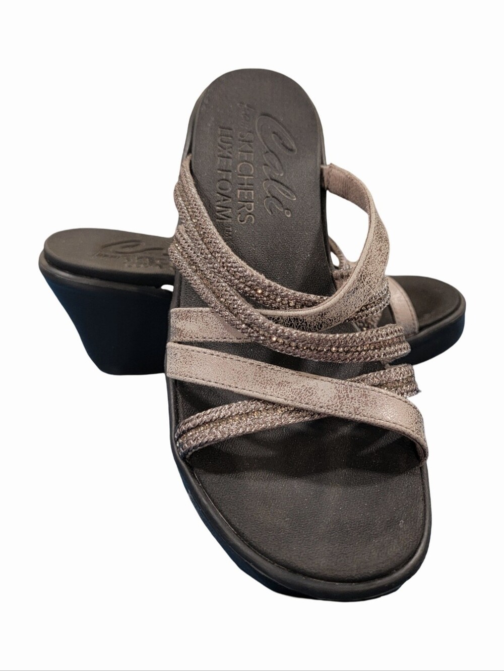 Skechers Cali Rumble On Classy Way Pewter Wedge Sandals Multi Strap Slide Womens - Picture 14 of 15